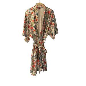 Mason Grey Womens Floral Flamingo Kimono Robe With Belt L Pink Green